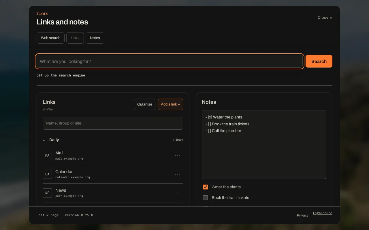 Outils : liens classés par groupes et notes avec cases à cocher.
