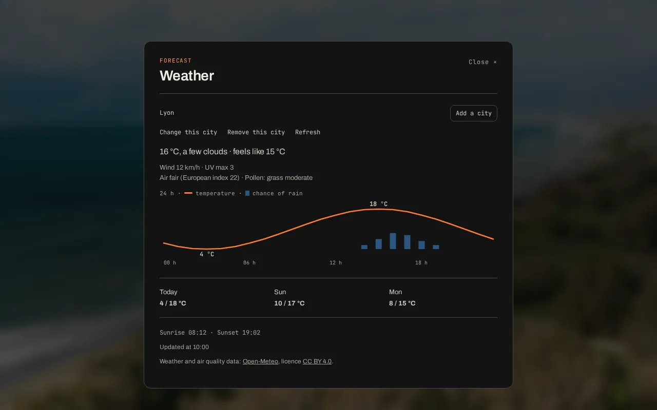 Fenêtre météo : température, vent, UV, qualité de l’air, courbe sur 24 heures et prévisions à 3 jours.